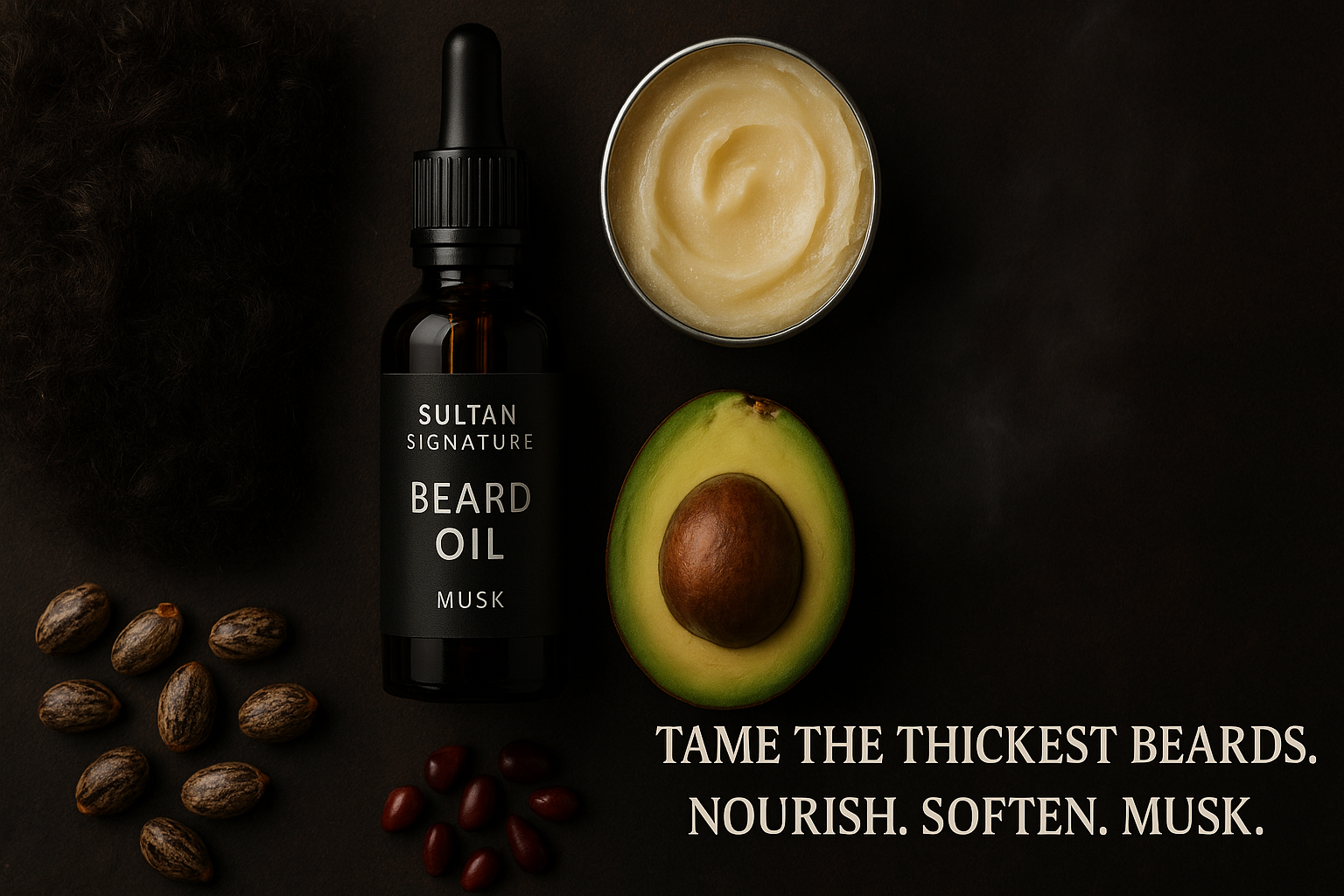Sultan Signature Beard Oil Musk edition for thick beards, featuring rich dark packaging and bold design emphasizing strength and nourishment